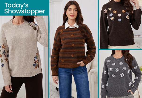 Orange fashion Village Floral Embroidered Pull Over Sweaters - assortment of 4 patterns
