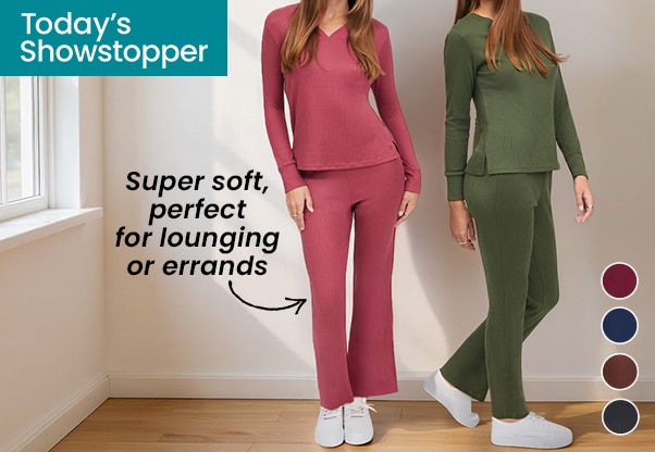 Cuddl Duds Seriously Soft Rib V Neck Pullover & Lounge Pant Set